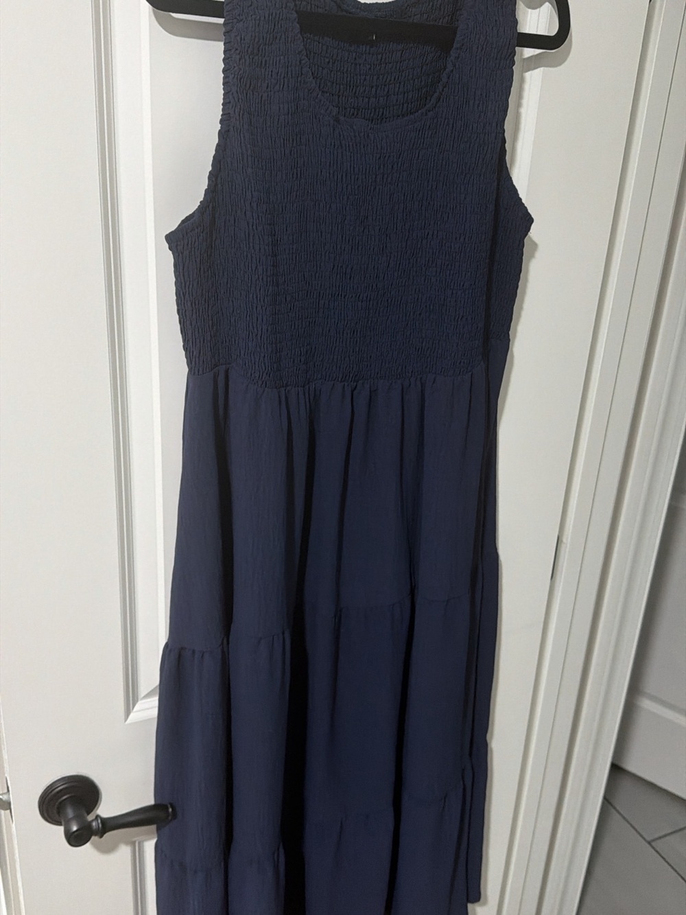Sleeveless Navy Maxi Dress with Smocked Bodice